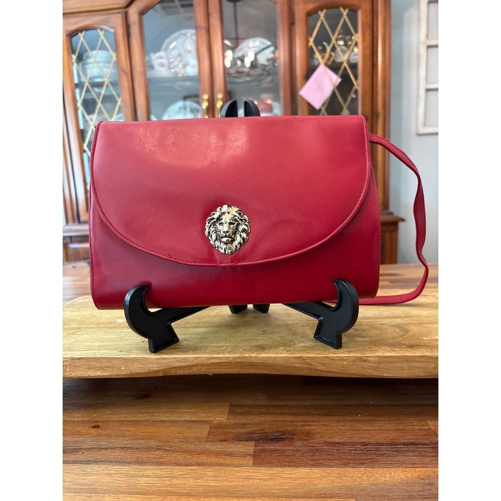 Adrienne Shoulder Bag Womens Red Spanish Leather Gold Lion Head Good Vintage